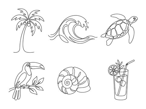 Tropical beach icons collection, palm tree wave sea turtle toucan seashell cocktail, continuous line art