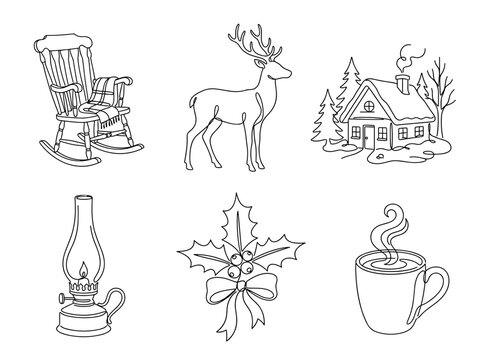 Vintage Christmas winter line art set, minimalist reindeer, cottage, rocking chair, and holiday icons