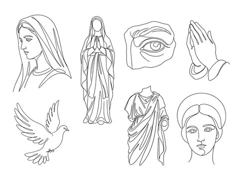 Religious saint sculpture minimalist line art, Virgin Mary continuous one line drawing icons, isolated