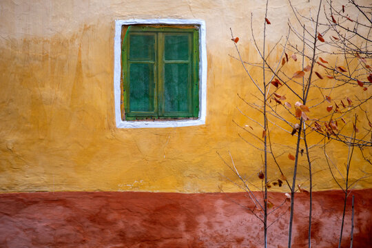 View of a rustic yellow and terracotta wall with a weathered green wooden window frame and a bare tree with dry leaves in Ivanovo, Vojvodina, Serbia.