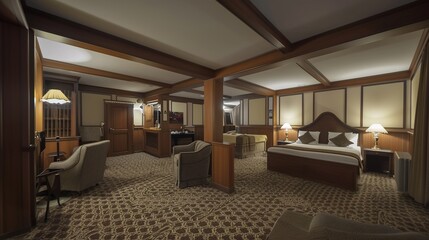 Obraz premium Interior shot of a large hotel room with warm lighting, wood accents, and a bed