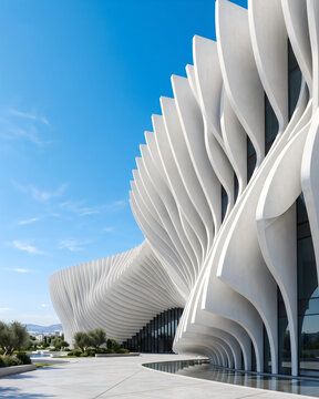 Close up perspective of futuristic white parametric wavy wall structure on contemporary building facade.