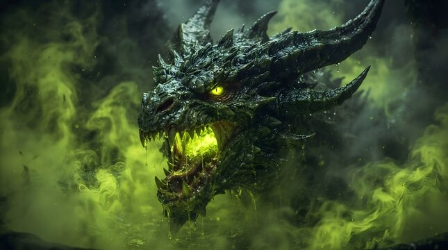 Fierce dragon head emerging from green mystical smoke