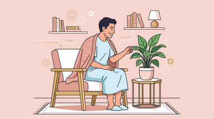 Fototapeta premium Man Relaxing in Armchair with Houseplant, Cozy Home Scene
