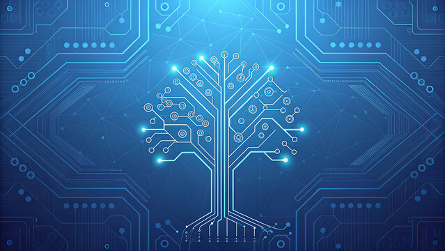 Digital tree circuit board background representing technology and sustainable innovation.