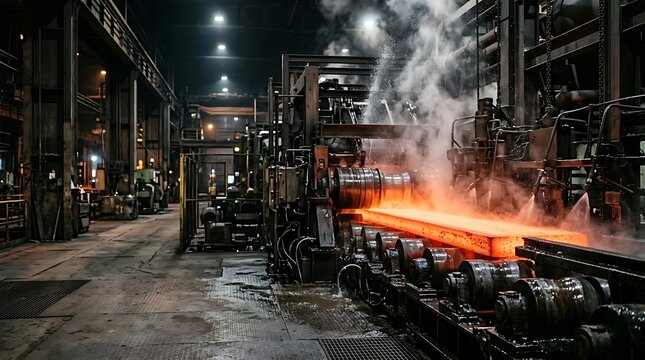 Glowing hot steel slab moving on industrial rolling mill line in metal manufacturing plant.