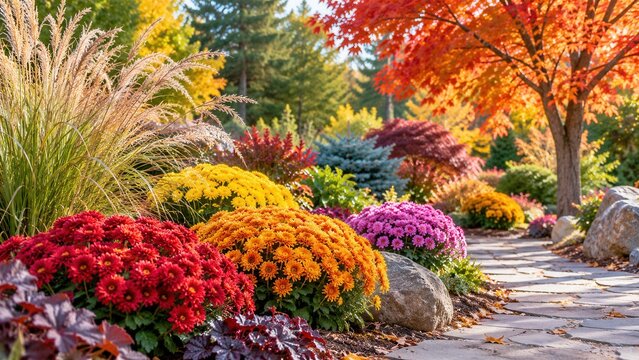Colorful autumn garden with blooming chrysanthemums ornamental grasses and stone pathway in fall landscape