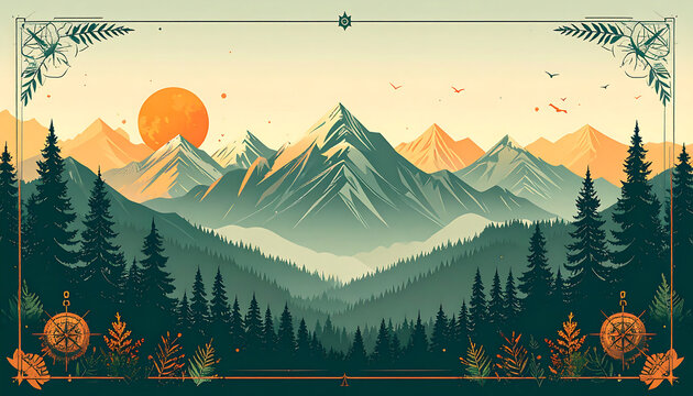 Vintage vector illustration of mountain range with pine forest and orange sun in decorative frame for travel poster background