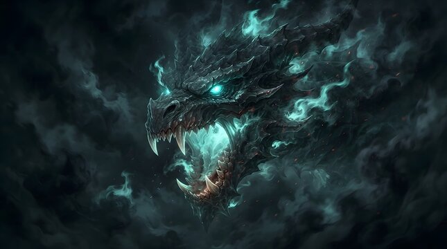Fierce mystical dragon head with glowing eyes in dark stormy clouds