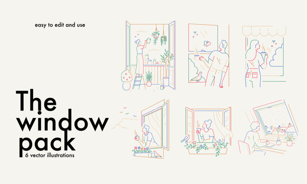 6 Window Lifestyle Illustrations &ndash; Minimal Colorful Editable Vector Pack
