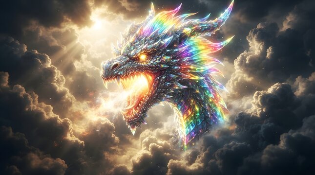 Colorful dragon head emerging from dramatic stormy clouds