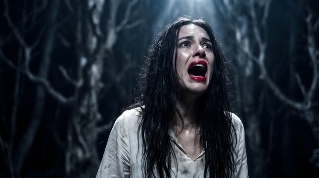 A terrified young woman with long dark hair screaming in a dark and mysterious haunted forest