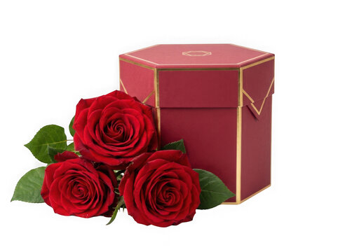 Red roses and pink gift box for valentines day isolated on transparent background