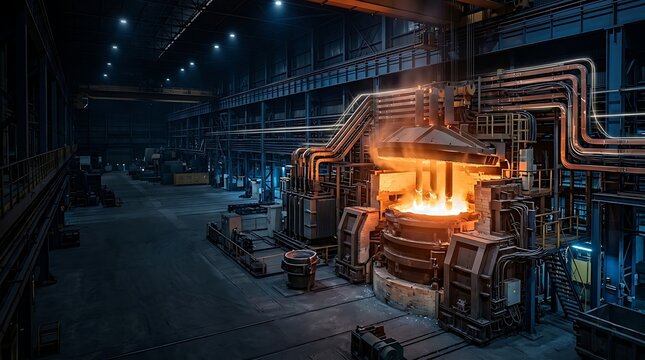 Electric arc furnace melting scrap metal in a heavy industrial steel manufacturing plant