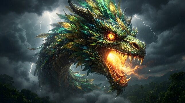 Majestic dragon breathing fire in a stormy fantasy landscape