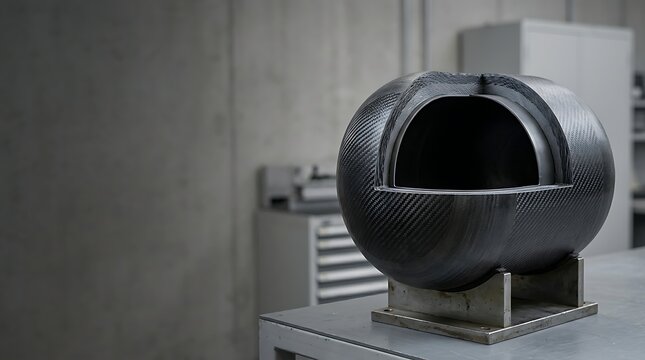 Cross-section of a carbon fiber composite pressure vessel on a laboratory workbench