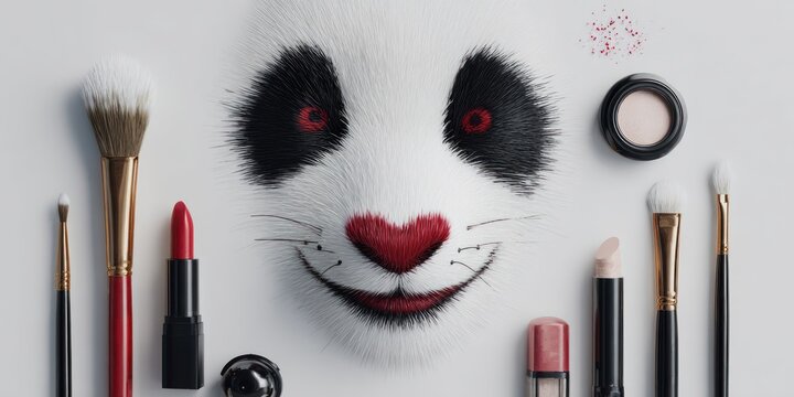 Cosmetic products arranged around an animal face on a white surface