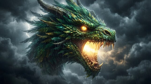 Fierce green dragon head with glowing eyes in stormy clouds