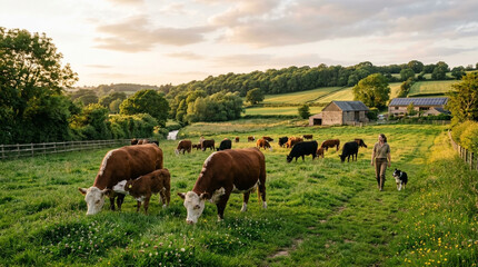 Fototapeta premium Cow Herd Grazing in Lush Green Pasture at Sunset with Farmer and Dog