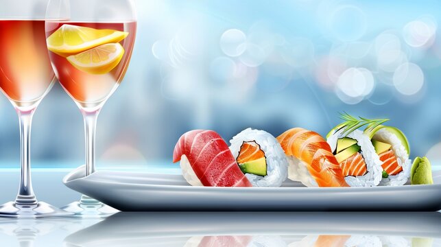 Elegant sushi arrangement with wine glasses, blurred background, and delicious fare