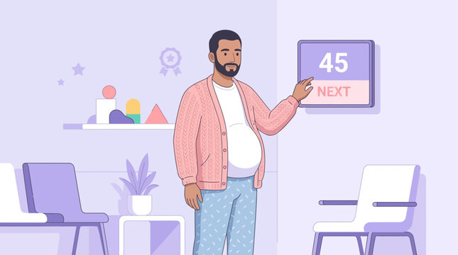 Man in waiting room, pointing at '45 NEXT' sign. Pregnant belly