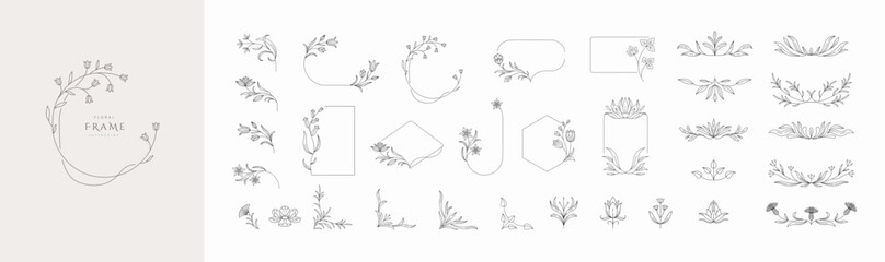 Naklejka premium Set of calligraphic floral frames and branches. Constructor of floral decoration. Delicate botanical branch in arcs form with flowers and leaves, intricate hand drawn details