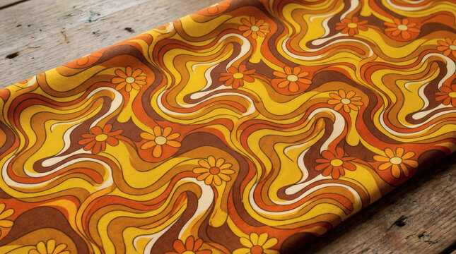 Vibrant retro fabric with swirling patterns and floral designs in warm colors