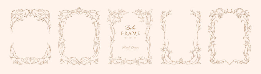 Naklejka na ściany i meble Set of boho frames and design elements,. Retro for invitation save the date card. Hand drawn shapes, vector illustration.