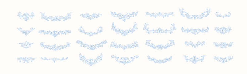 Set of doodle rococo or baroque decoration design elements for packaging, wedding greeting card or scrapbooking. Hand drawn vintage vector illustration.
