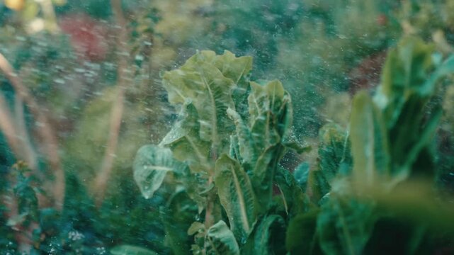 Lush romaine lettuce fills a thriving raised garden bed as a rain-like mist showers the leaves, green backyard behind, vegetable gardening, homegrown harvest, healthy living.