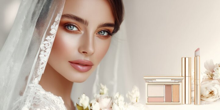 Bride portrait with veil and makeup products beauty concept and wedding theme