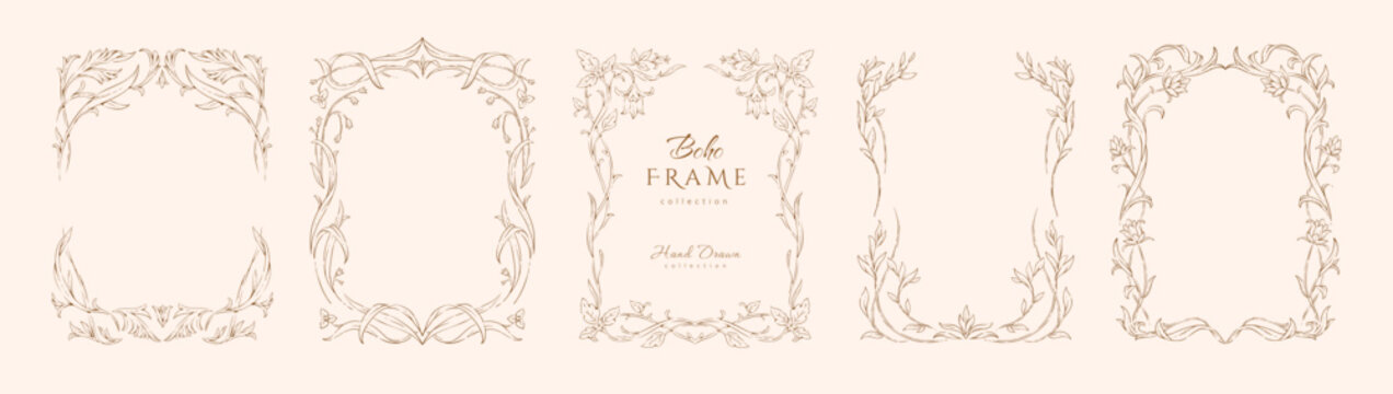 Set of boho frames and design elements,. Retro for invitation save the date card. Hand drawn shapes, vector illustration.