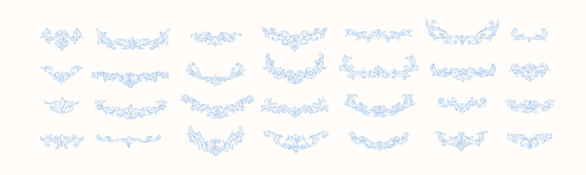 Set of doodle rococo or baroque decoration design elements for packaging, wedding greeting card or scrapbooking. Hand drawn vintage vector illustration.