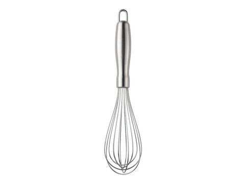 Stainless steel balloon whisk kitchen utensil isolated on transparent background vertical composition clean metal handle cooking tool for mixing whipping and baking