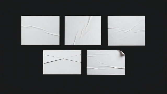Set of white crumpled paper poster mockups on black background