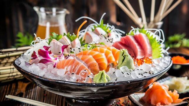 Exquisite sashimi platter on crushed ice, garnished with wasabi and greens