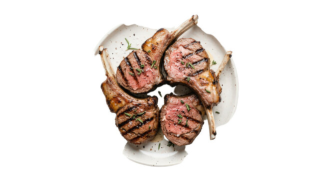 Grilled lamb chops on a white plate isolated on transparent background