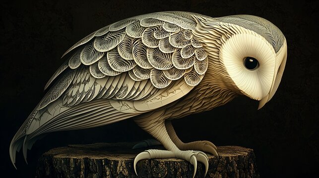 Intricate carved owl sculpture on wood.