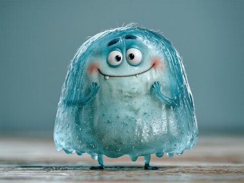 Cute blue blob monster with water droplets smiling