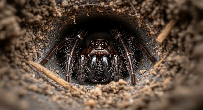 Close-up of spider in burrow hole.