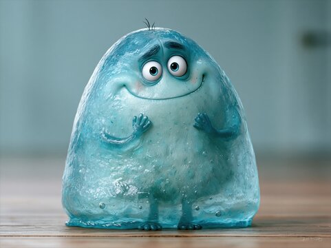 Adorable blue creature with big eyes and a happy face