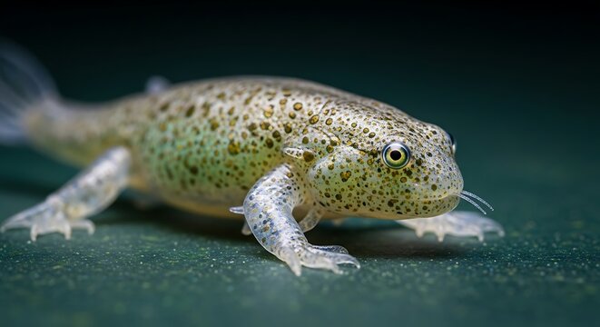 Closeup of spotted green tadpole crawling.
