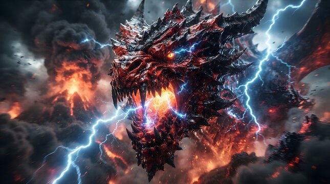 Epic fantasy dragon with fiery eyes amidst lightning and flames