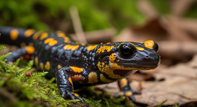 Closeup of spotted salamander on moss.