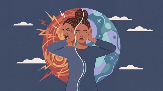 Bipolar disorder concept illustration, woman with split personality and mood swings, mental health awareness art for therapy and psychology