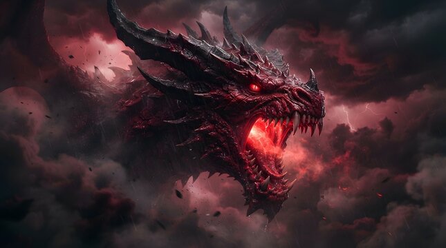 Fierce dragon breathing fire in dramatic dark clouds