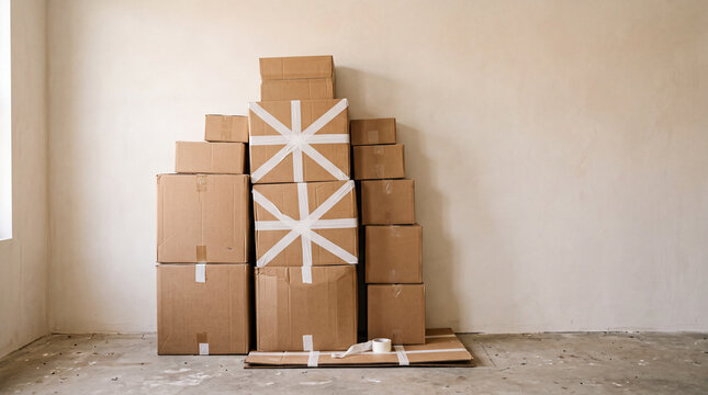 A stack of cardboard boxes arranged in a corner of a room. The boxes are sealed with tape and sit on a bare concrete floor against a plain wall.