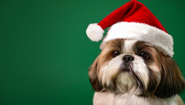 head of a shih tzu wearing santa claus hat against green background; free space for text