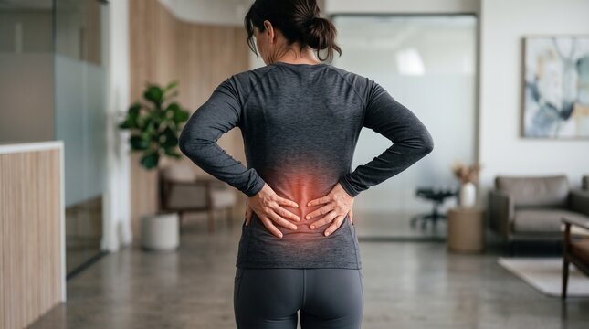 Woman suffering from lower back pain holding her waist in office interior