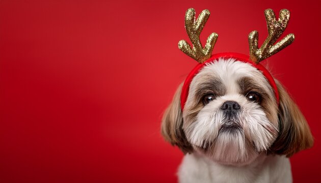 head of a shih tzu wearing reindeer antlers headband against red background; free space for text